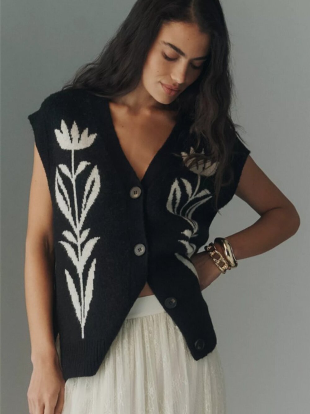 By Anthropologie Button-Front Sweater Vest Cardigan Black Floral Size S NWT - Picture 5 of 6